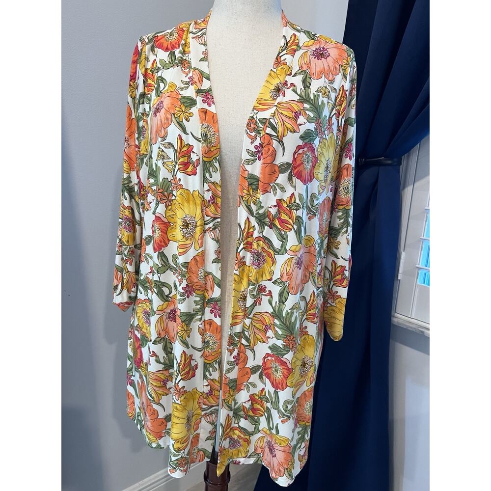 LANE BRYANT Cardigan 18/20 White Orange Floral Open Front-Boho-Duster-Kimono-EUC